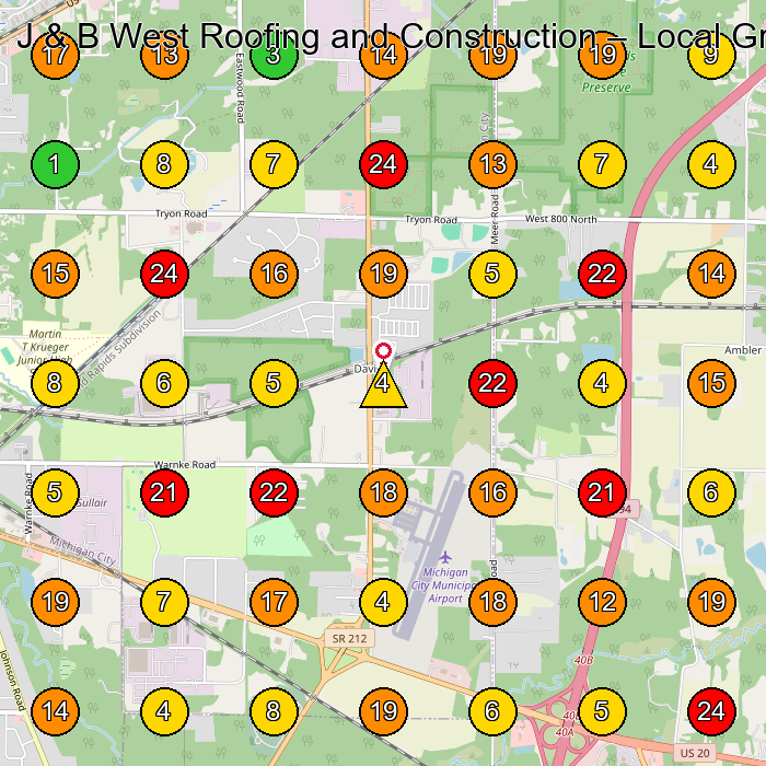 J & B West Roofing and Construction Roofing Contractor GeoGrid ranking map for Michigan City IN